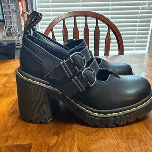 Dr. Martens Black Chunky Mary Jane Heels with Yellow Stitching